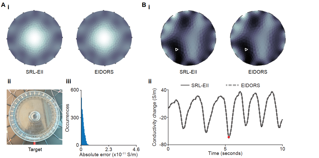 Comparison of reconstructed Electrical Impedance Imaging results from SRL-EII and EIDORS using a phantom tank and a neonate dataset.