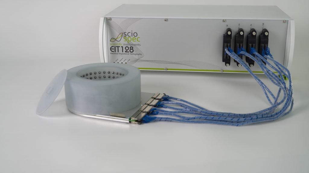 Sciospec EIT128 system used in parametric imaging research, featuring 128 channels for simultaneous impedance data acquisition, supporting multi-frequency measurements and high-speed frame rates up to 100 fps.