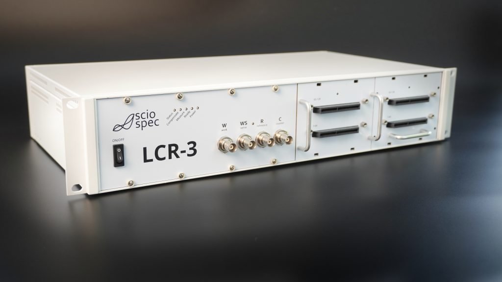 Sciospec LCR-3 high-precision impedance analyzer in configurable enclosure with optional multiplexers.