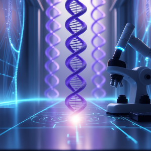 Microscope examining digital DNA strands in a high-tech lab environment, symbolizing bioimpedance analysis of genetic material