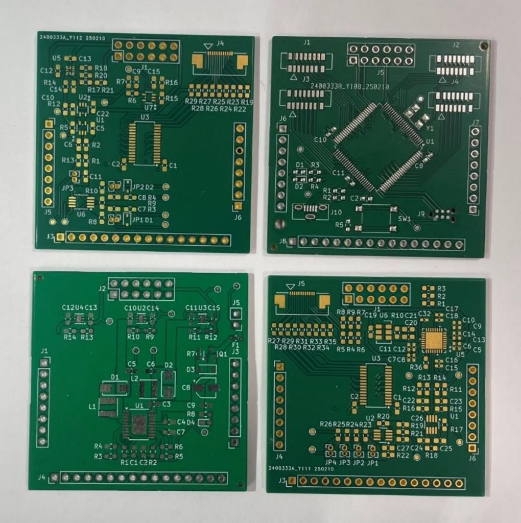 Four PCB’s produced by JLCPCB for use in an EIT device.
