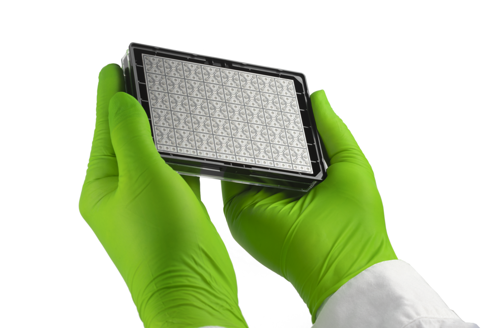 Mimetas OrganoPlate held in hand, showing the ANSI/SLAS footprint designed for high-throughput screening and standardized lab procedures.