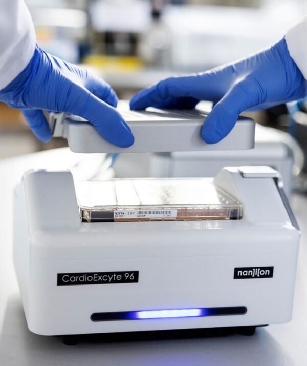 loading a standard 96-well plate into the Sciospec-powered Nanion CardioExcyte 96, demonstrating industrial throughput capabilities.